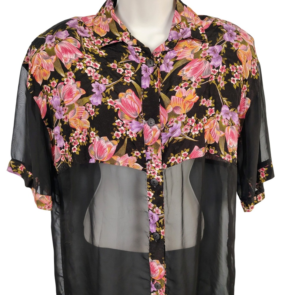 Judy Knapp Womens M Sheer Floral Mixed Media Top Black Rayon Whimsigoth Y2K